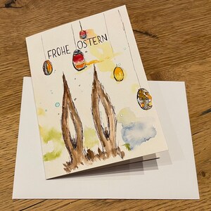 Osterkarte mit handgemaltem und handgeschriebenen Motiv auf Vorderseite und Rückseite. Umschlag zum Versenden ist enthalten.