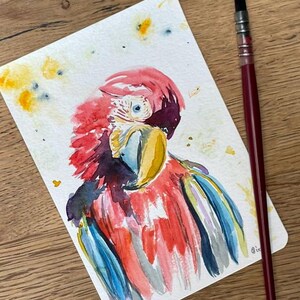 handgemalte Aquarell Grußkarte, Roter Papagei, A6 Postkarte, Karte Geburtstag, Aquarellkarte original, Karte Geschenk Geburtstag, inviduell