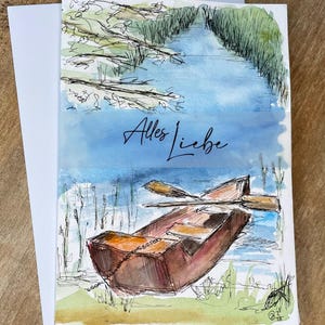 A6 Klappkarte, handgemalte Original Aquarellkarte, Naturbild, Boot am Ufer, Kartenkunst, Karte Sommer, Karte Frühling, Geburtstag, Mann Frau
