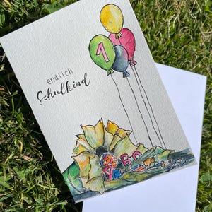original handgemalte Aquarellkarte zur Einschlulung, Karte Endlich Schulkind, Klappkarte mit Umschlag, besondere Einschulungskarte