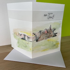 Original handgemalte A6 Aquarellkarte, Aquarell und Tusche, Klappkarte mit Umschlag, Karte Maus, Karte mit Umschlag, personalisierbar, edel