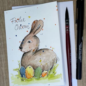 A6 Aquarellkarte Osternest mit Osterhase, Klappkarte, Original Aquarellkarte mit Umschlag