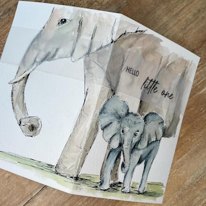 original handgemalte Aquarellkarte, Klappkarte A6, Elefanten Mutter mit Kind, Besondere Karte Geburt, Edle Karte Geburtstag, Aquarellbild