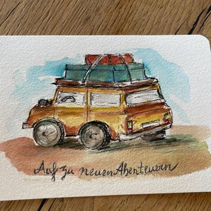 Aquarellpostkarte, 10x15 cm, handgemalt, Auto mit Dachgepäck, Auf zu neuen Abenteuern, Grußkarte Abschied, Karte Umzug, Grußkarte Aquarell