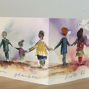 Original handgemalte Kommunionkarte, Aquarellkarte zur Kommunion in A6 mit Umschlag, personalisierbar, bunte Geschenkkarte für Kinder