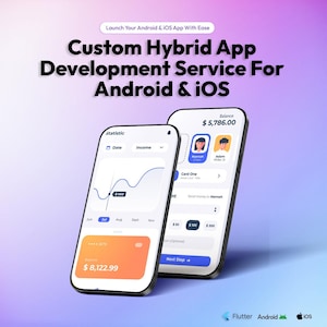 Pode incluir: Dois smartphones exibindo interfaces de aplicativos móveis com dados financeiros, um gráfico de linhas, perfis de usuário e saldos. O texto diz Custom Hybrid App Development Service For Android & iOS e Launch Your Android & iOS App With Ease.