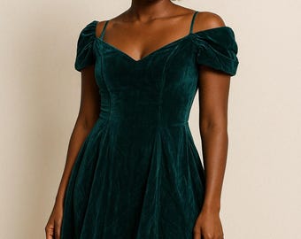 Vintage 90s Green Velvet Off Shoulder Holiday Party Mini Dress Puff Sleeve Size 5/6