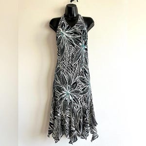 Y2K Eva Blue Beaded Halter Handkerchief Hem Dress – Black & White Floral Size 14