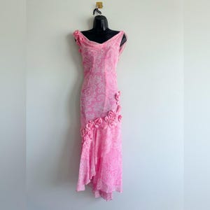 Y2K Silk Pink Floral Rosette Maxi Dress Size 14 Fairycore Prom Asymmetrical Hem