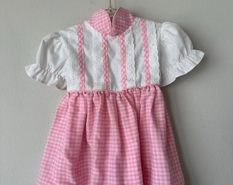 Vintage Kate Greenaway Pink Gingham Eyelet Party Dress Toddler 2T Prairie Dress