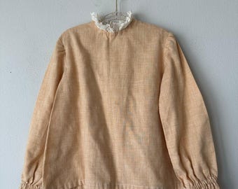 Vintage 70er Jahre Prairie Girls Spitze High Neck Leinen Look Bluse Cottagecore 4T 5T