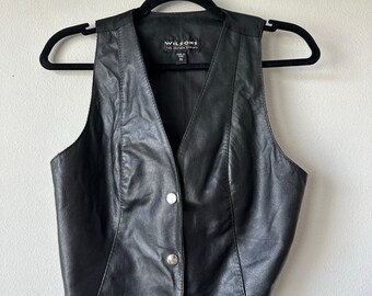 Chaleco de cuero negro Wilsons vintage de los años 90, estilo minimalista, talla S.