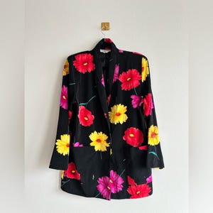 Vintage 80s/90s Oversized Black Blazer with Colorful Floral Print Jacket Size S