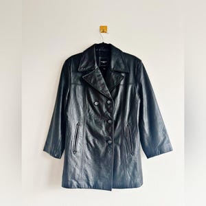 Vintage 90s Black Leather Jacket Size L | Double Breasted Long Trench Coat