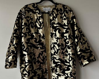 Vintage 80er Jahre Gold Schwarz Metallic Brokat Jacke Abend Oversized Blazer S/M
