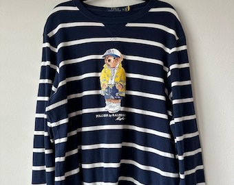 Vintage Ralph Lauren Polo Bear Blau Weiß Streifen Sweatshirt Nautische Preppy XL