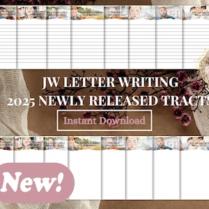 May include: A digital template for JW letter writing, with a lined layout and space for notes. The design includes the text "JW Letter Writing 2025 Newly Released Tracts" and "Instant Download". A pink "New!" label is also present.