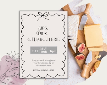Bow Sips, Dips, & Charcuterie Girls Night Invitation | template | 100% customizable in canva