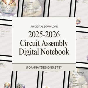 Op de afbeelding: Digitaal notitieboek voor de Circuitvergadering 2025-2026. De omslag toont de tekst "JW DIGITAL DOWNLOAD" en "2025-2026 Circuit Assembly Digital Notebook" in een vetgedrukte, zwarte letter. De Etsy shopnaam "@DAHNAYDESIGNS.ETSY" wordt ook weergegeven.