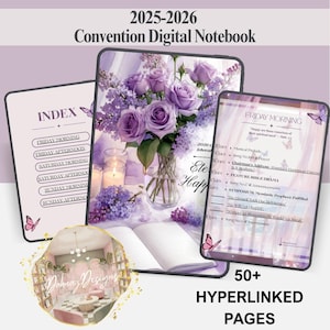 Puede incluir: Cuaderno digital con temática floral. La portada presenta un ramo de rosas y lilas moradas. El cuaderno incluye un índice, horarios diarios y el texto "50+ páginas con hipervínculos". El título dice "2025-2026 Convention Digital Notebook".