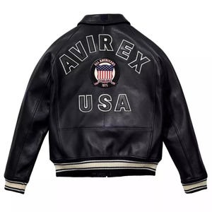 Men&#39;s Avirex Real Leather Flight Jacket - Black Bomber American Aviator Style