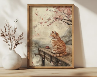 Master Neko Finding Inner Peace  | Japanese Woodblock Ukiyo-e Inspired Wall Art Poster