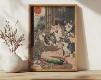 鏡の中でぼんやりする黒猫 - 浮世絵風ミームアート - 高品質