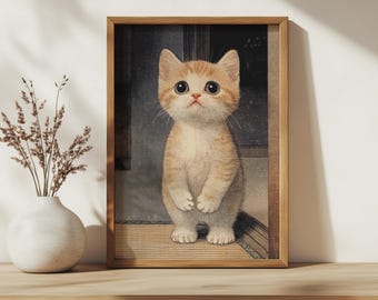 鏡の前でぼんやりしている黒猫 - 浮世絵風ミームアート - 高品質