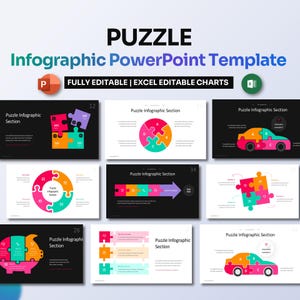 Può includere: Un modello PowerPoint a tema puzzle. Il modello include vari design di infografiche con pezzi di puzzle in diversi colori e forme. Il modello è completamente modificabile e include grafici modificabili in Excel.