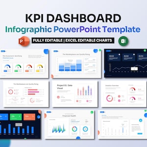 Könnte beinhalten: Eine PowerPoint-Vorlage zum Erstellen von KPI-Dashboards. Die Vorlage enthält eine Vielzahl von Diagrammen und Grafiken, darunter Liniendiagramme, Balkendiagramme, Kreisdiagramme und Messgeräte. Die Vorlage ist vollständig editierbar und kann verwendet werden, um eine Vielzahl von Geschäftsmetriken zu verfolgen.