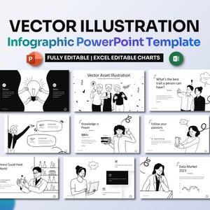 Puede incluir: Un conjunto de nueve diapositivas de PowerPoint con ilustraciones en blanco y negro de personas y objetos. Las diapositivas están diseñadas para su uso en presentaciones e infografías. Las diapositivas incluyen ilustraciones de personas trabajando, pensando e interactuando entre sí. Las diapositivas también incluyen ilustraciones de objetos como bombillas, libros y gráficos.