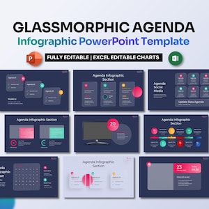 Op de afbeelding: Een PowerPoint-sjabloon met een donkerblauwe achtergrond en een glassmorphic ontwerp. Het sjabloon bevat een verscheidenheid aan dia's met verschillende lay-outs en afbeeldingen, waaronder grafieken, diagrammen en pictogrammen. De tekst "GLASSMORPHIC AGENDA" wordt in een groot, vet lettertype bovenaan de dia weergegeven. De tekst "Infographic PowerPoint Template" wordt onder de titel weergegeven. De tekst "FULLY EDITABLE | EXCEL EDITABLE CHARTS" wordt onder de titel weergegeven. Het sjabloon is ontworpen om gebruikers te helpen professionele en visueel aantrekkelijke presentaties te maken.
