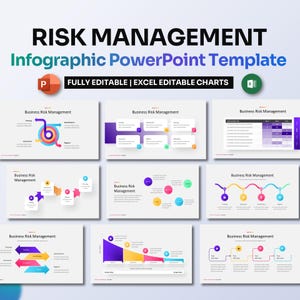 Puede incluir: Una plantilla de PowerPoint para crear infografías sobre la gestión de riesgos empresariales. La plantilla incluye una variedad de gráficos y diagramas, como un gráfico circular, un diagrama de flujo, un gráfico de barras y un gráfico de líneas. La plantilla es totalmente editable e incluye gráficos editables en Excel.