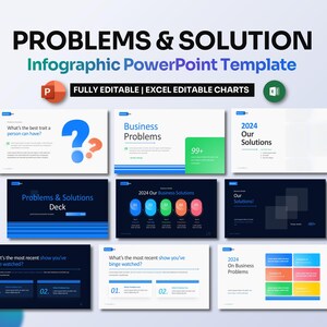 May include: A PowerPoint template for creating presentations about problems and solutions. The template features a blue and green color scheme with a question mark icon and a bar graph. The text "Problems & Solution" is displayed in a large font at the top of the slide.