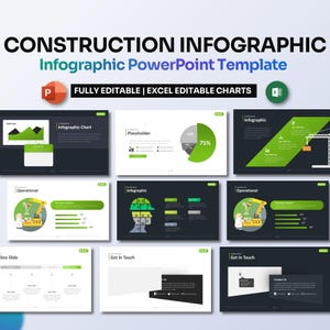 Pode incluir: Um modelo de PowerPoint para criar infográficos de construção. O modelo inclui uma variedade de gráficos, tabelas e ícones que podem ser usados para visualizar dados e informações relacionadas a projetos de construção. O modelo é totalmente editável e inclui tabelas editáveis no Excel.