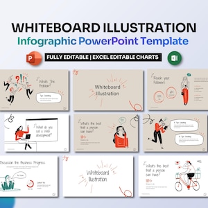 Op de afbeelding: Een set van negen PowerPoint-dia's met een whiteboard-illustratiethema. Elke dia bevat een andere illustratie van een persoon met een gedachteballon en tekst. De tekst op de dia's omvat "Wat is het probleem?", "Hoe noem je een webontwikkeling?", "Bereik je volgers", "Wat is de beste eigenschap die een persoon kan hebben?" en "Discussie over de voortgang van de bedrijfsvoering".