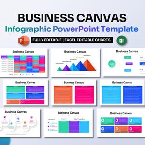May include: A PowerPoint template for creating business canvas presentations. The template includes various layouts with different charts and diagrams, such as a table, a pyramid, and a circle diagram. The template is fully editable and includes Excel editable charts.