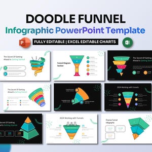 Könnte beinhalten: Eine PowerPoint-Vorlage mit einer Doodle-Stil-Trichter-Infografik. Die Vorlage enthält eine Vielzahl von Trichterdiagrammen, darunter einen klassischen Trichter, einen Spiraltrichter und einen Pyramidentrichter. Die Vorlage ist vollständig editierbar und enthält Excel-editierbare Diagramme.
