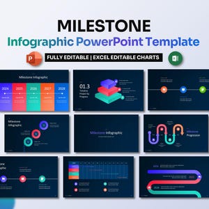 Peut inclure: Un modèle PowerPoint pour créer des infographies de jalons. Le modèle comprend une variété de graphiques et de tableaux, ainsi qu'une chronologie, un projet par progression et une progression des jalons. Le modèle est entièrement modifiable et comprend des tableaux modifiables dans Excel.