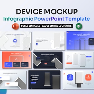 May include: A PowerPoint template for creating device mockups. The template includes a variety of device mockups, including phones, tablets, and laptops. The template is fully editable and includes Excel editable charts. The template is perfect for creating presentations, reports, and other documents that require device mockups.