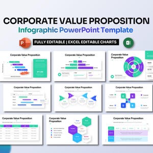 May include: A PowerPoint template with nine slides for creating a corporate value proposition. The slides feature various charts and diagrams, including bar graphs, pie charts, and Venn diagrams. The slides are fully editable and include Excel editable charts.
