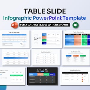 Könnte beinhalten: Eine PowerPoint-Vorlage mit einem blauen, grünen und orangen Farbschema. Die Vorlage bietet eine Vielzahl von Tabellenfolien mit verschiedenen Layouts und Stilen. Der Text "Table Slide" wird in einer großen, fetten Schrift oben auf der Folie angezeigt. Der Text "Infographic PowerPoint Template" wird unter dem Titel angezeigt. Der Text "Fully Editable | Excel Editable Charts" wird unter dem Titel angezeigt. Die Vorlage soll Benutzern helfen, professionell aussehende Präsentationen zu erstellen.