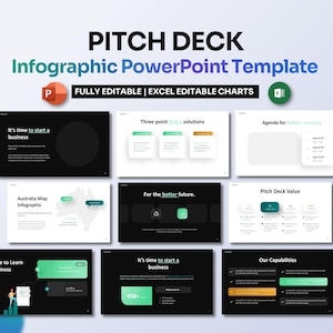 Puede incluir: Una plantilla de PowerPoint infográfica en negro y verde con el título "Pitch Deck" y el texto "Totalmente editable | Gráficos editables en Excel". La plantilla incluye diapositivas para un plan de negocios, una agenda, una propuesta de valor y capacidades.