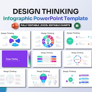Pode incluir: Um modelo de PowerPoint com nove slides para criar infográficos de design thinking. Os slides apresentam gráficos coloridos, incluindo uma lâmpada, um cérebro e um quebra-cabeça. O texto "Design Thinking" aparece em cada slide.