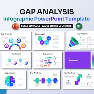 Może przedstawiać: Szablon prezentacji PowerPoint do analizy luk z różnymi kolorowymi wykresami i tabelami. Szablon zawiera slajd tytułowy, slajd z wykresem pierścieniowym, slajd z wykresem sześciokątnym, slajd z wykresem lejka, slajd z wykresem kołowym, slajd z wykresem układanki i slajd z wykresem strzałkowym. Szablon jest w pełni edytowalny i zawiera edytowalne wykresy Excela.