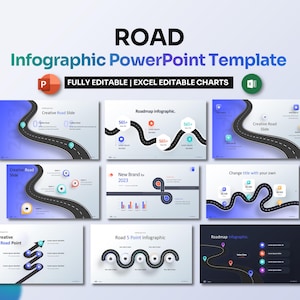 May include: A PowerPoint template featuring a road theme. The template includes various infographic slides with road maps, road signs, and road points. The slides are fully editable and include Excel editable charts.