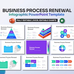 May include: A PowerPoint template for business process renewal featuring a range of colourful charts and diagrams. The template includes a pyramid, hexagons, circles, and arrows. The text "Business Process Renewal" is featured on each slide.