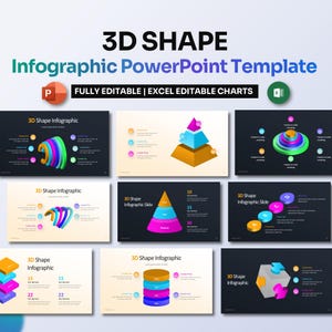 May include: A PowerPoint template with nine slides featuring 3D shapes. The shapes are a pyramid, a cylinder, a cube, and a curved shape. The slides are designed to be used for infographics and presentations. The template is fully editable and includes Excel editable charts.