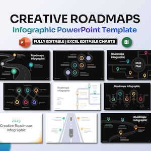 May include: A PowerPoint template with nine slides featuring roadmaps and infographics. The slides are black and white with colorful accents. The slides include text such as "Roadmaps Infographic" and "2023 Plan".