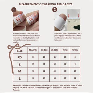Puede incluir: Una gu&iacute;a para medir el tama&ntilde;o de las u&ntilde;as, con una tabla que muestra las tallas XS a L y las medidas correspondientes de pulgar, &iacute;ndice, medio, anular y me&ntilde;ique. Incluye instrucciones para medir el ancho de la u&ntilde;a.